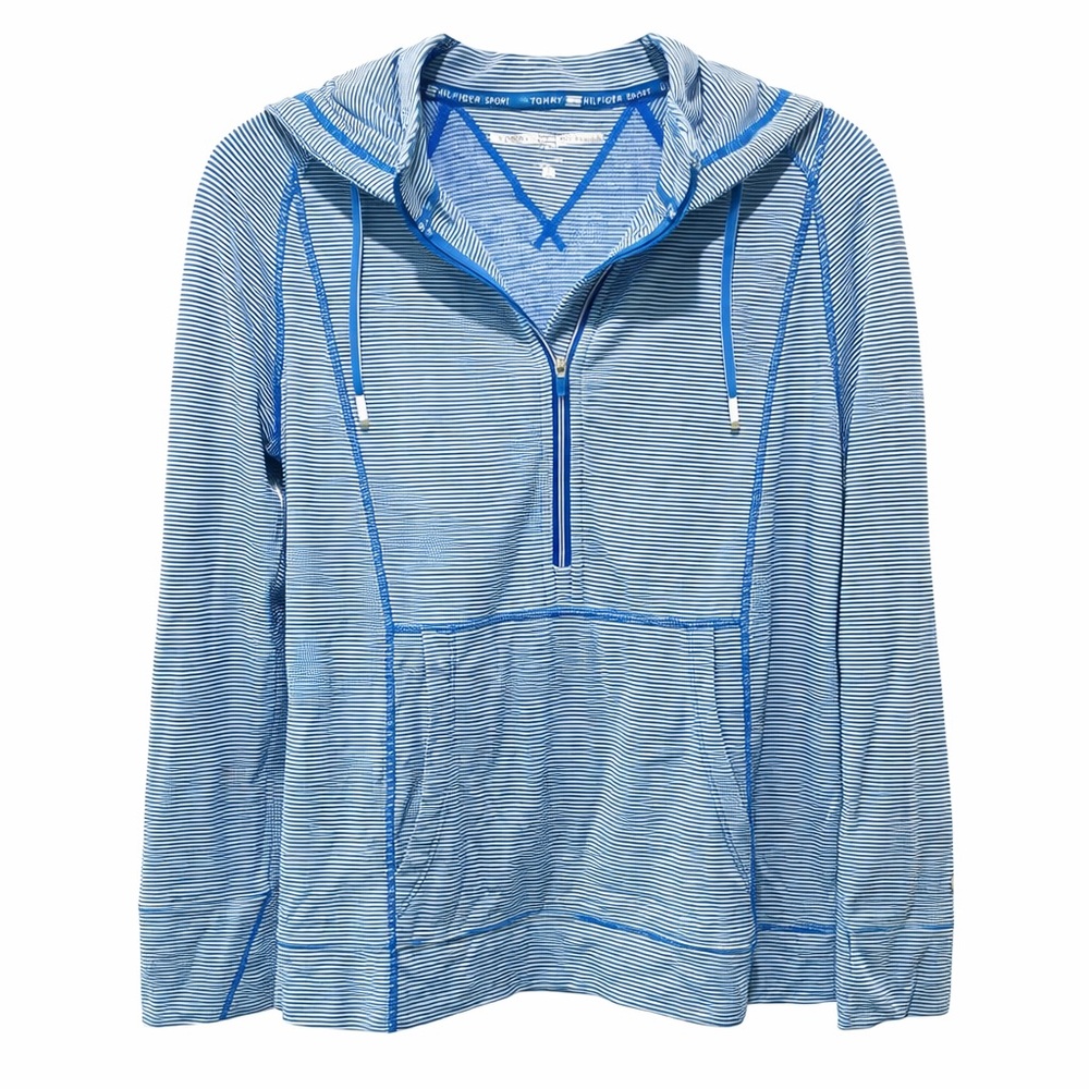 Tommy Hilfiger Sport 1/4 Zip Hoodie Blue White Stripe Women’s Small NWT